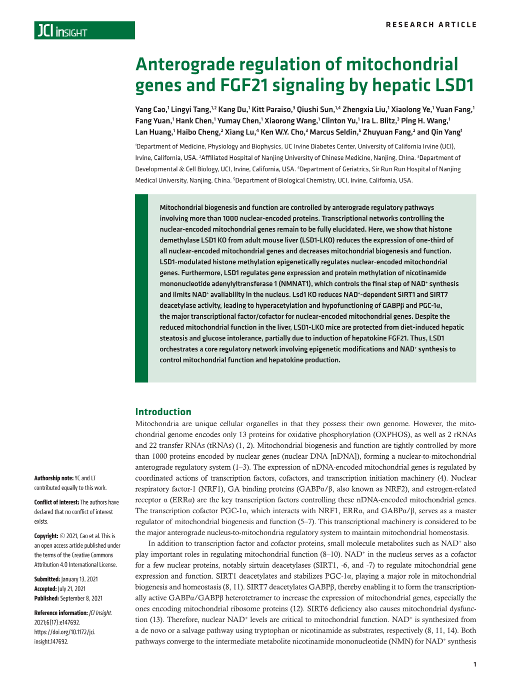 Anterograde Regulation of Mitochondrial Genes and FGF21 Signaling by Hepatic LSD1