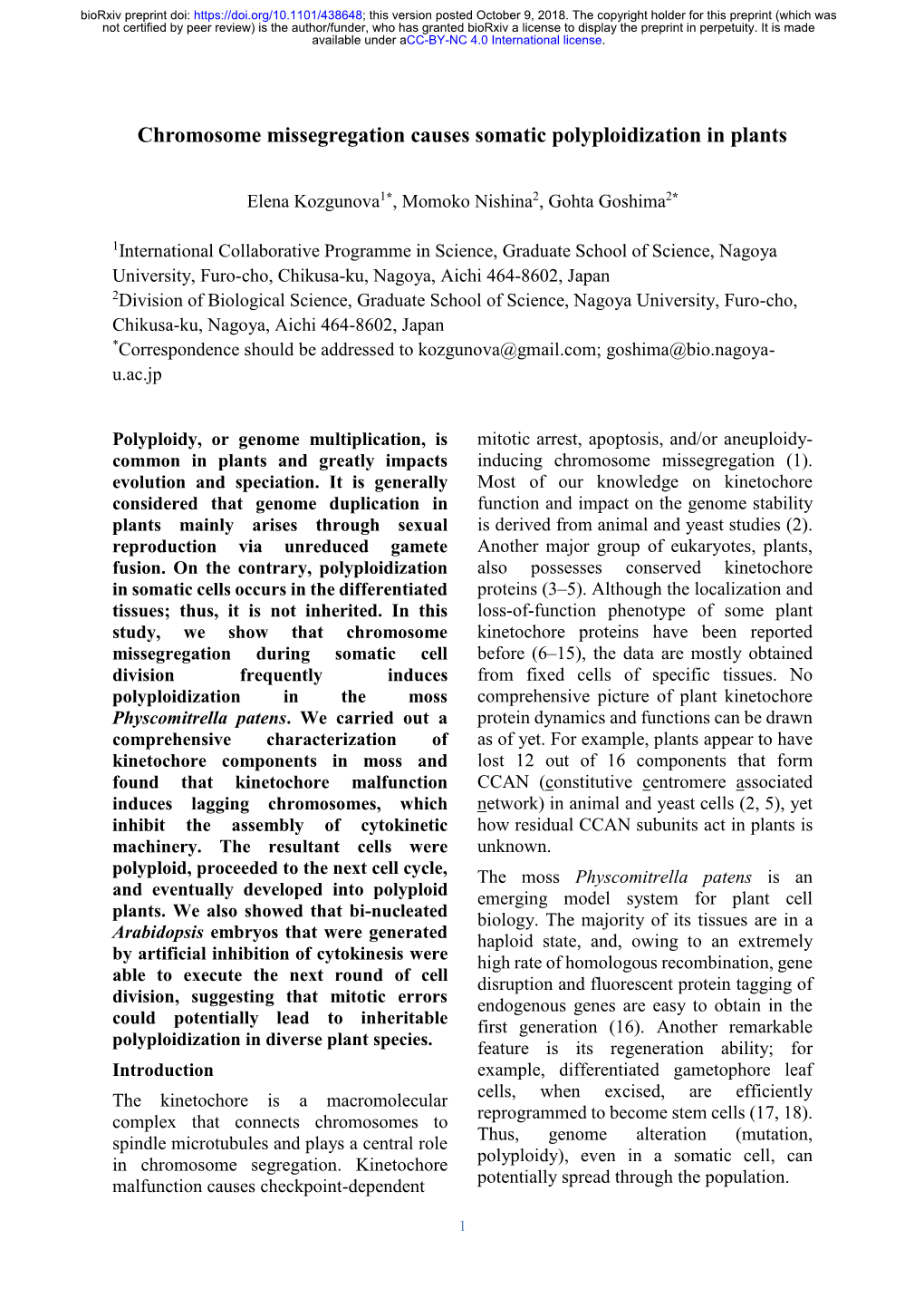 Chromosome Missegregation Causes Somatic Polyploidization in Plants