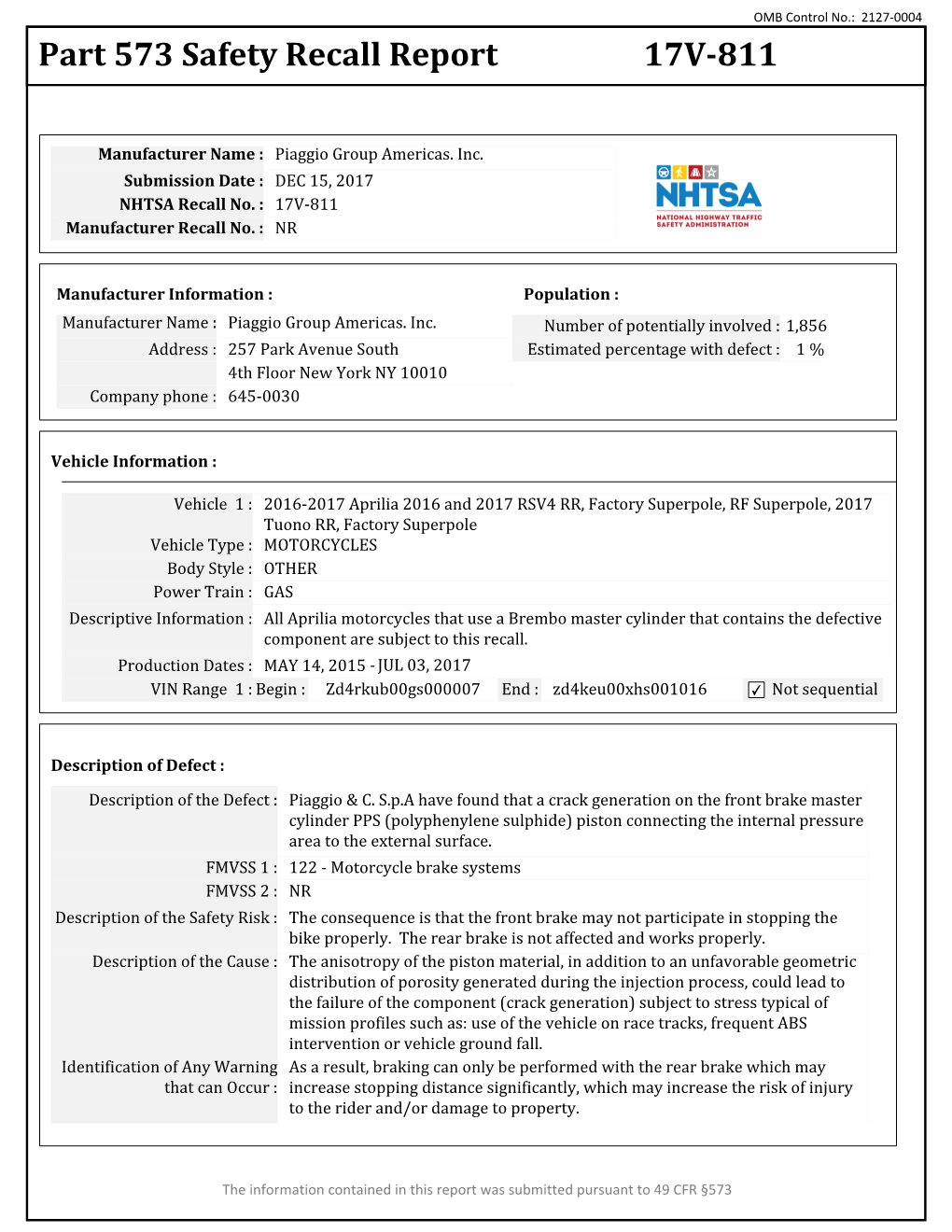 Part 573 Safety Recall Report 17V-811