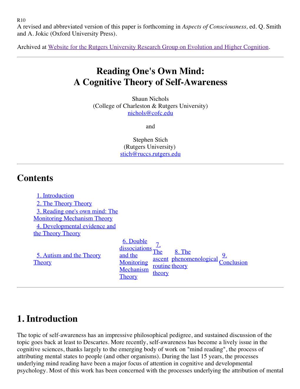 Reading One's Own Mind: a Cognitive Theory of Self-Awareness