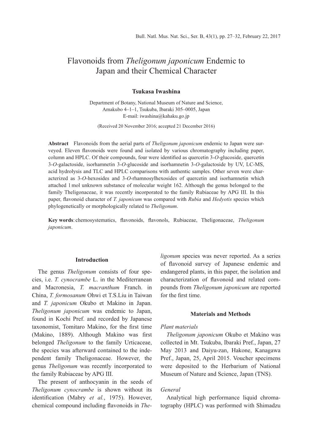 Flavonoids from Theligonum Japonicum Endemic to Japan and Their Chemical Character