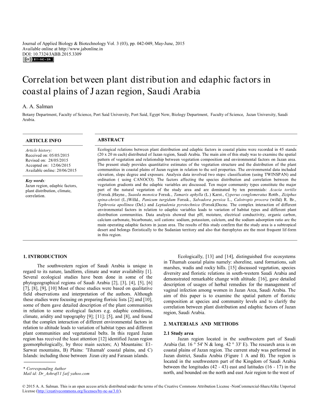 Correlation Between Plant Distribution and Edaphic Factors in Coastal Plains of Jazan Region, Saudi Arabia