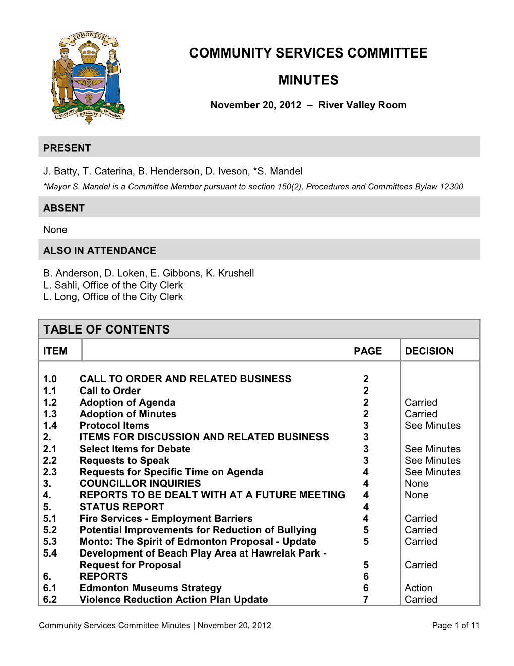 Minutes for 11/20/2012, Community Services Committee