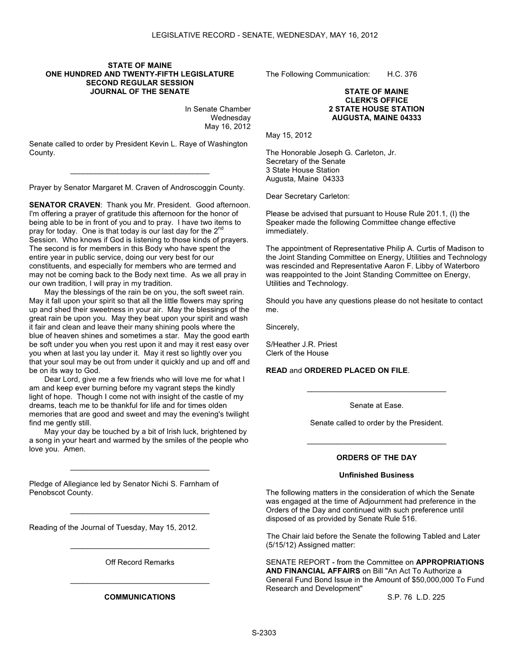 Legislative Record - Senate, Wednesday, May 16, 2012