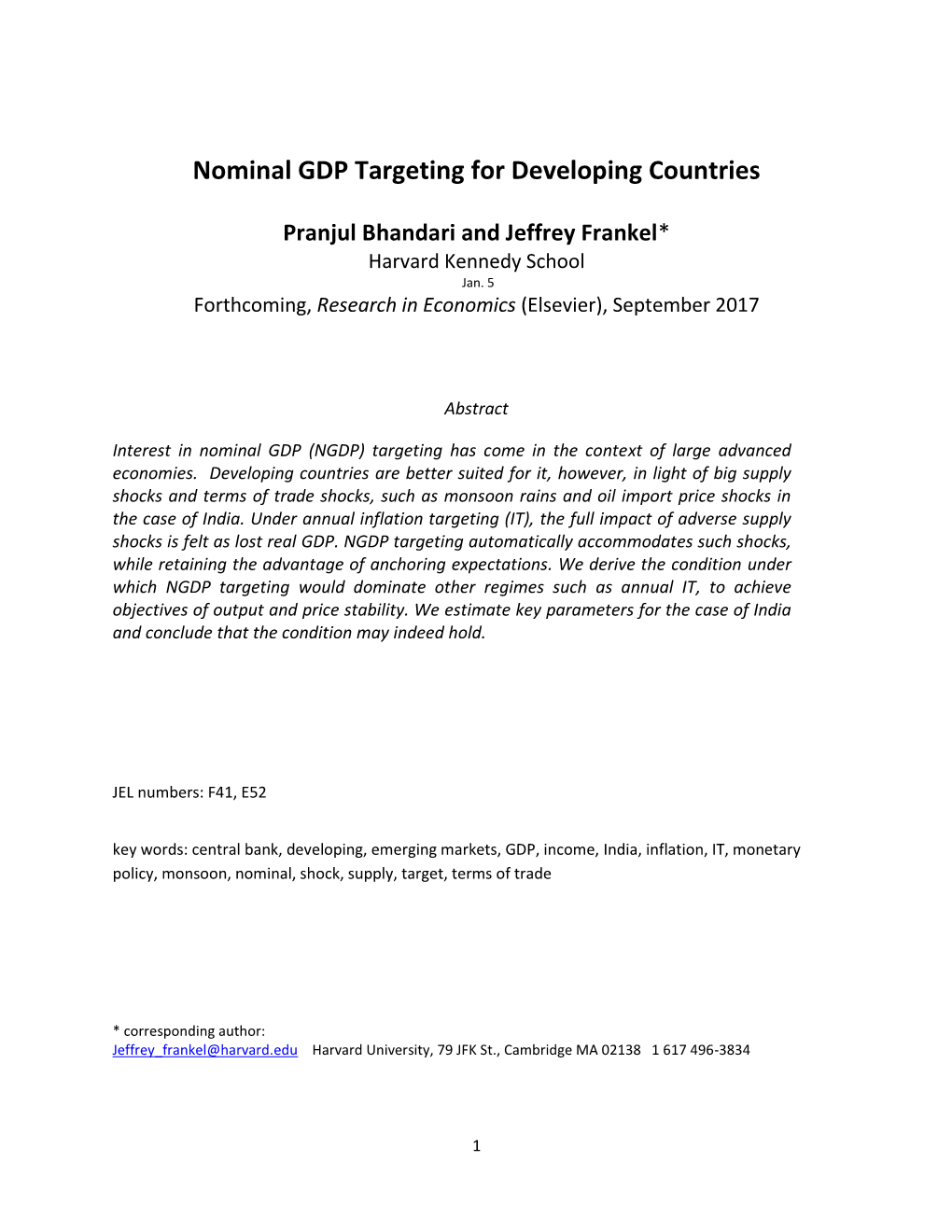 Nominal GDP Targeting for Developing Countries