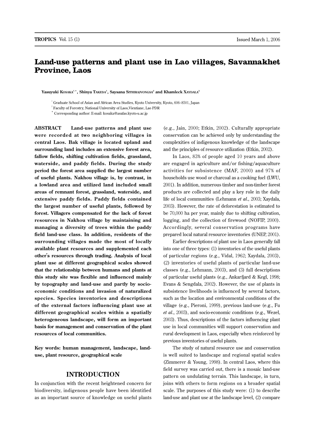 Land-Use Patterns and Plant Use in Lao Villages, Savannakhet Province, Laos