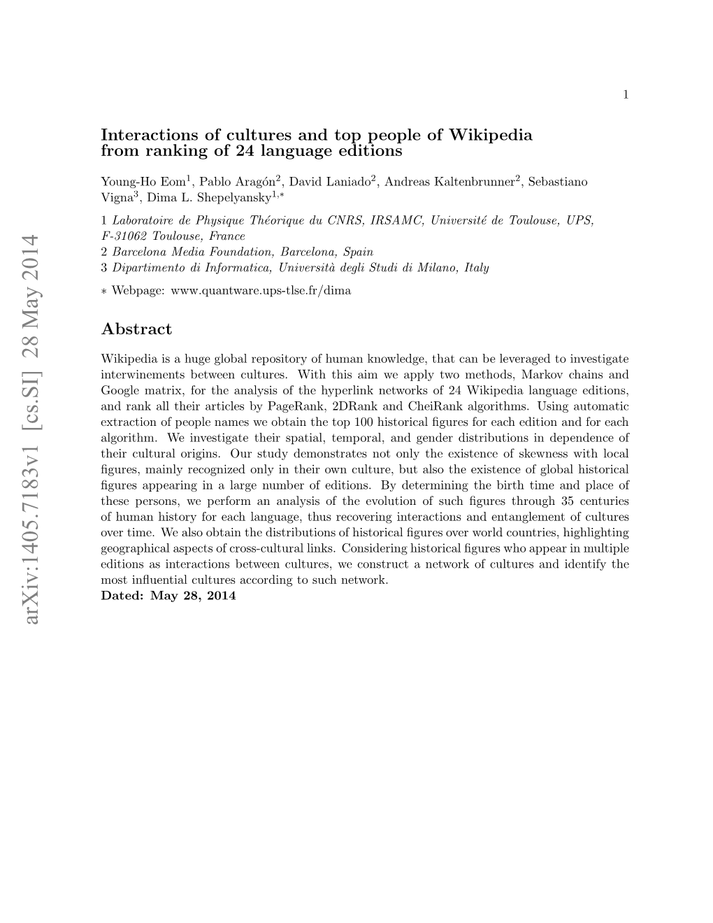 Arxiv:1405.7183V1 [Cs.SI] 28 May 2014 Ae:My2,2014 28, Network