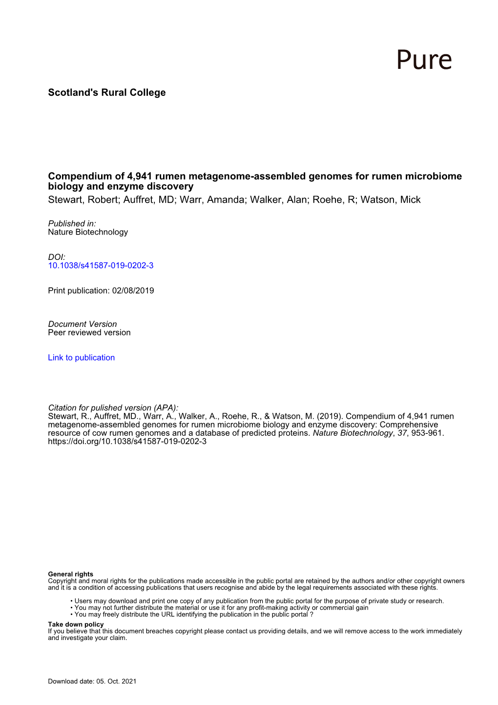 Scotland's Rural College Compendium of 4,941 Rumen Metagenome-Assembled Genomes for Rumen Microbiome Biology and Enzyme Discover