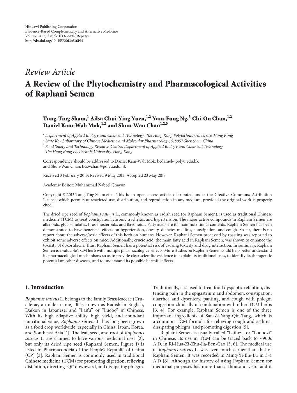 A Review of the Phytochemistry and Pharmacological Activities of Raphani Semen