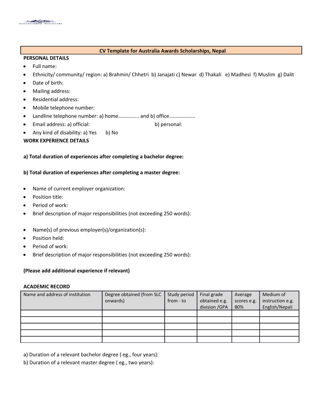 CV Template for Australia Awards Scholarships, Nepal PERSONAL DETAILS