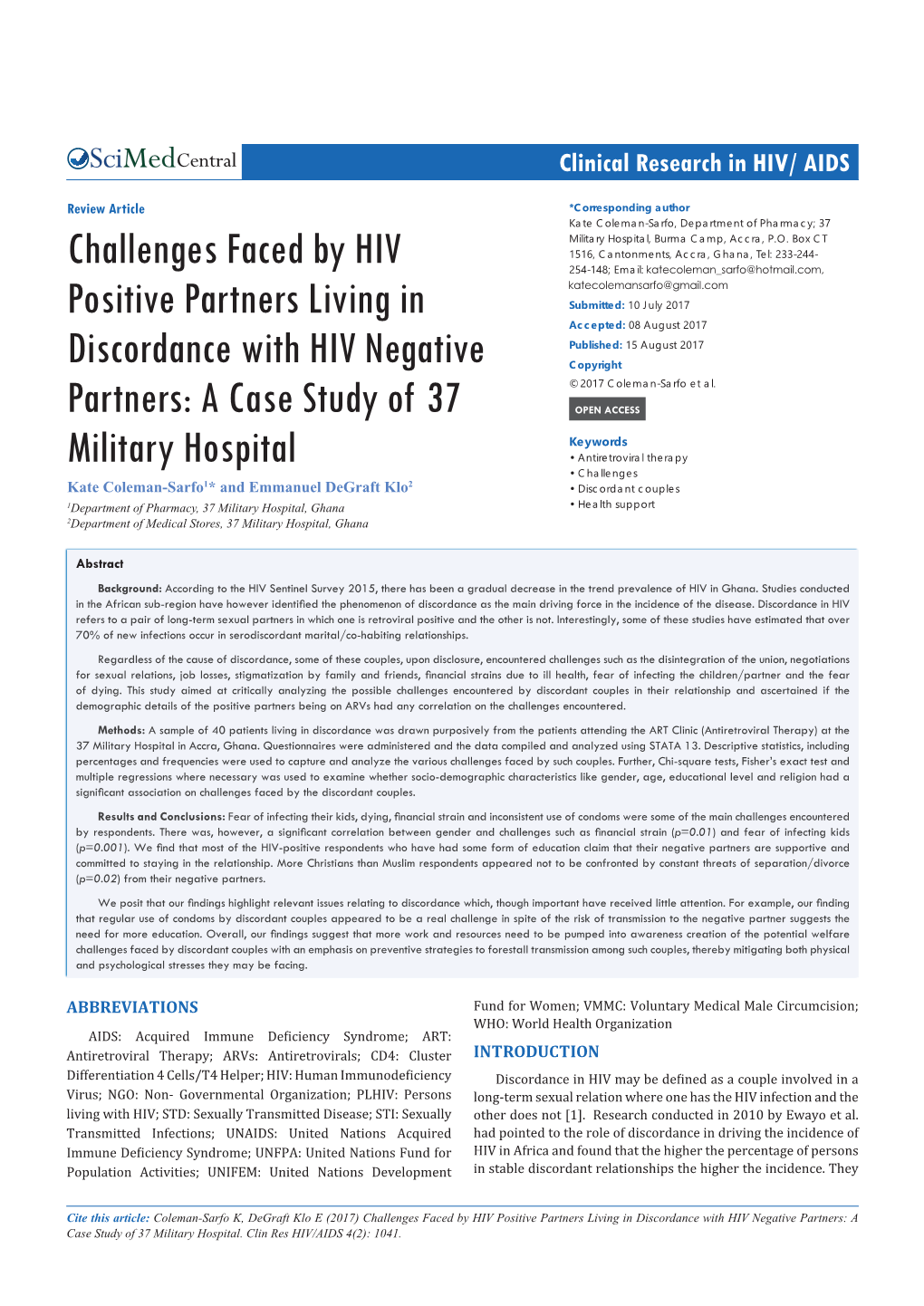 Challenges Faced by HIV Positive Partners Living in Discordance with HIV Negative Partners: a Case Study of 37 Military Hospital