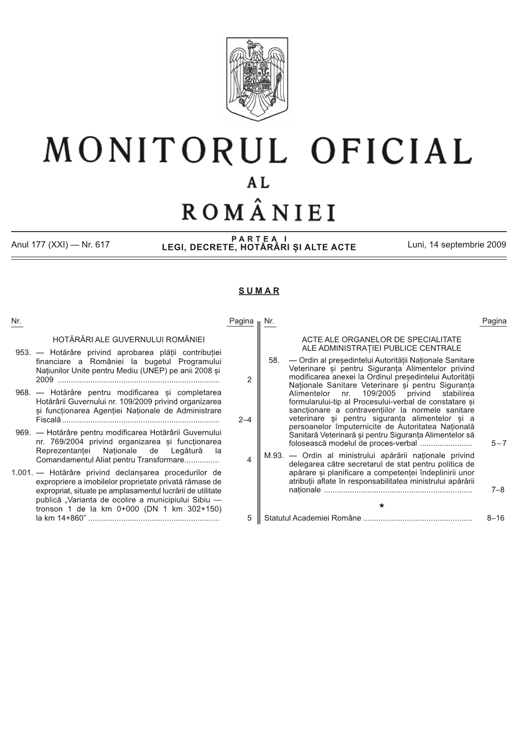 Monitorul Oficial Al României, Partea I, Nr. 617/14.09.2009