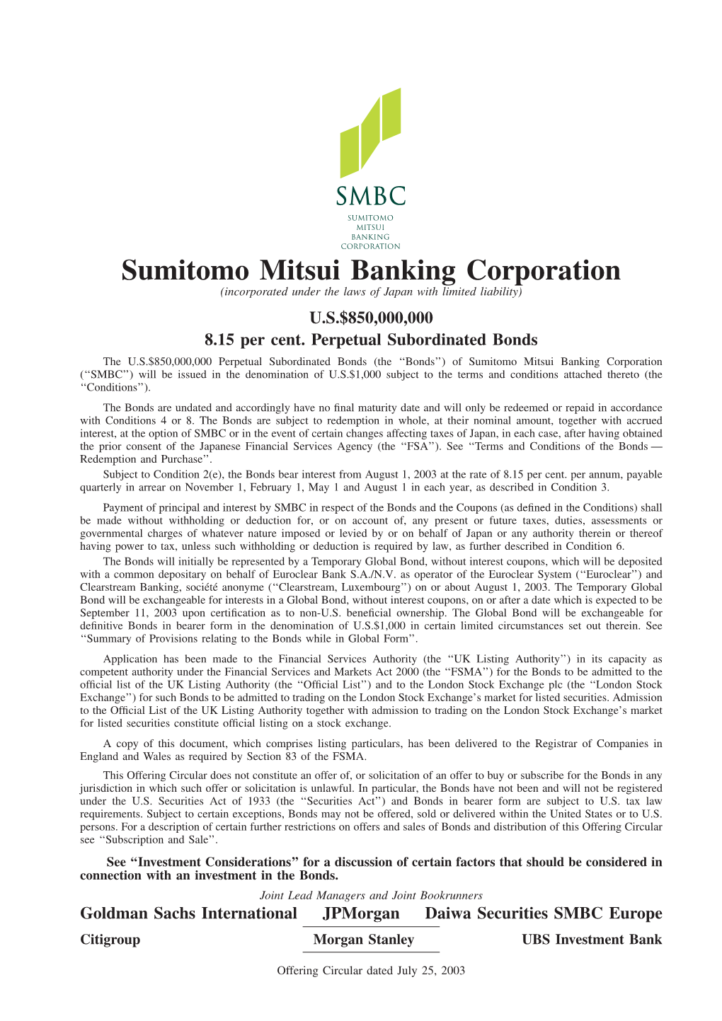 Sumitomo Mitsui Banking Corporation (Incorporated Under the Laws of Japan with Limited Liability) U.S.$850,000,000 8.15 Per Cent