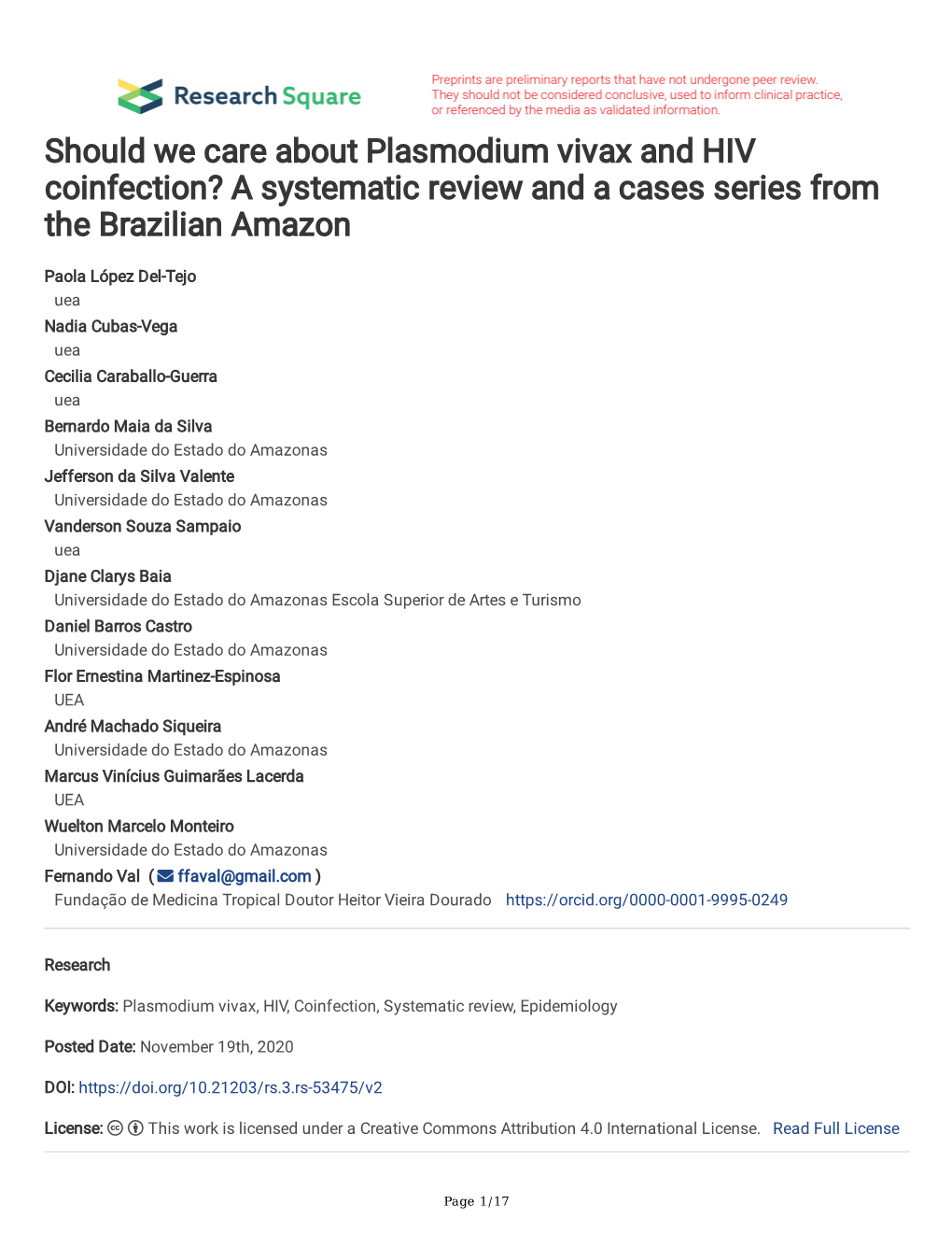 Should We Care About Plasmodium Vivax and HIV Coinfection? a Systematic Review and a Cases Series from the Brazilian Amazon