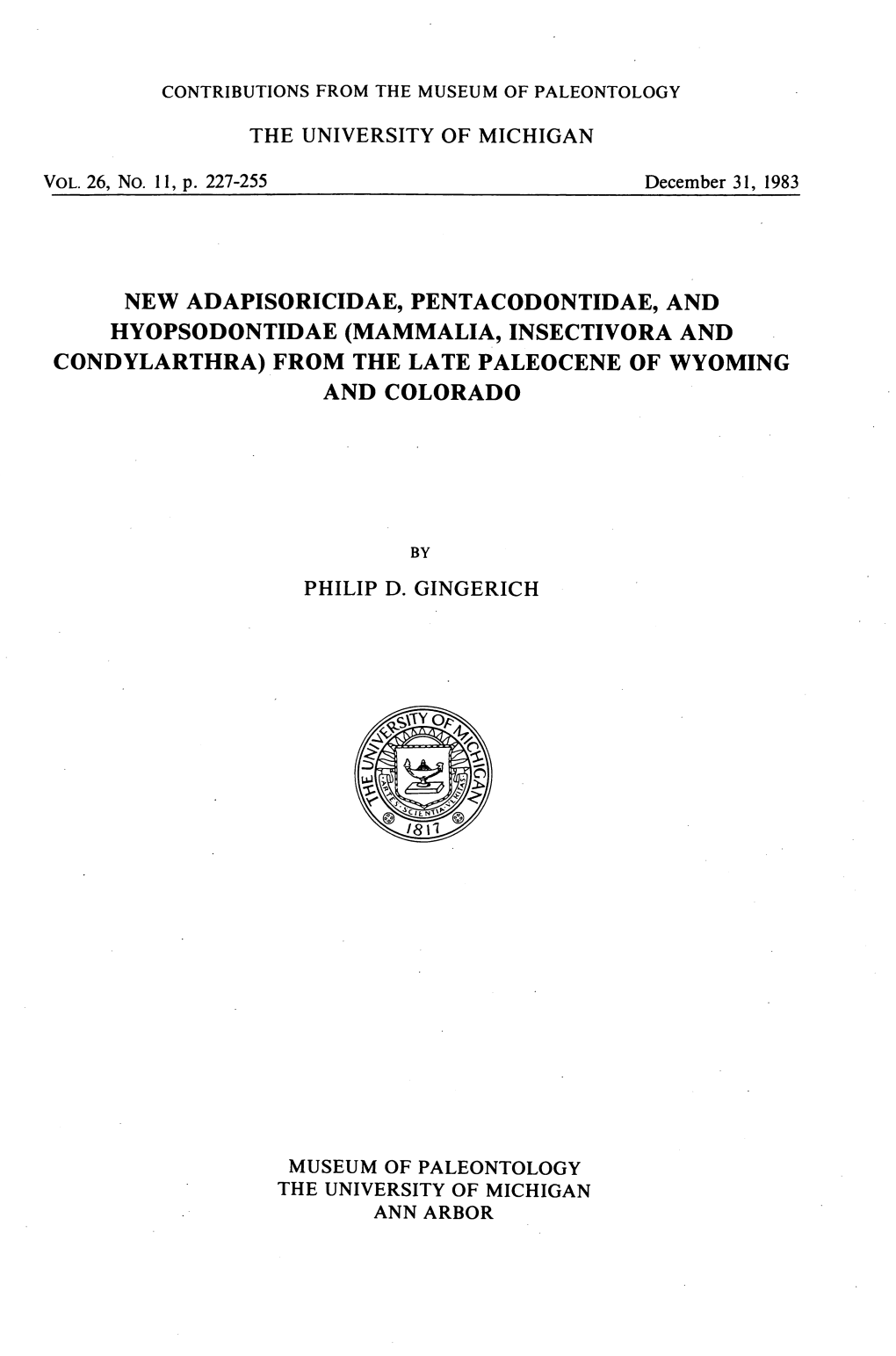 Mammalia, Insectivora and Condylarthra) from the Late Paleocene of Wyoming and Colorado