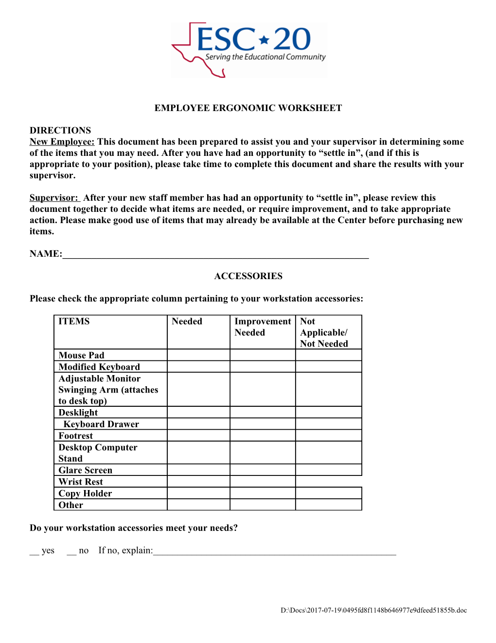 Employee Ergonomic Worksheet