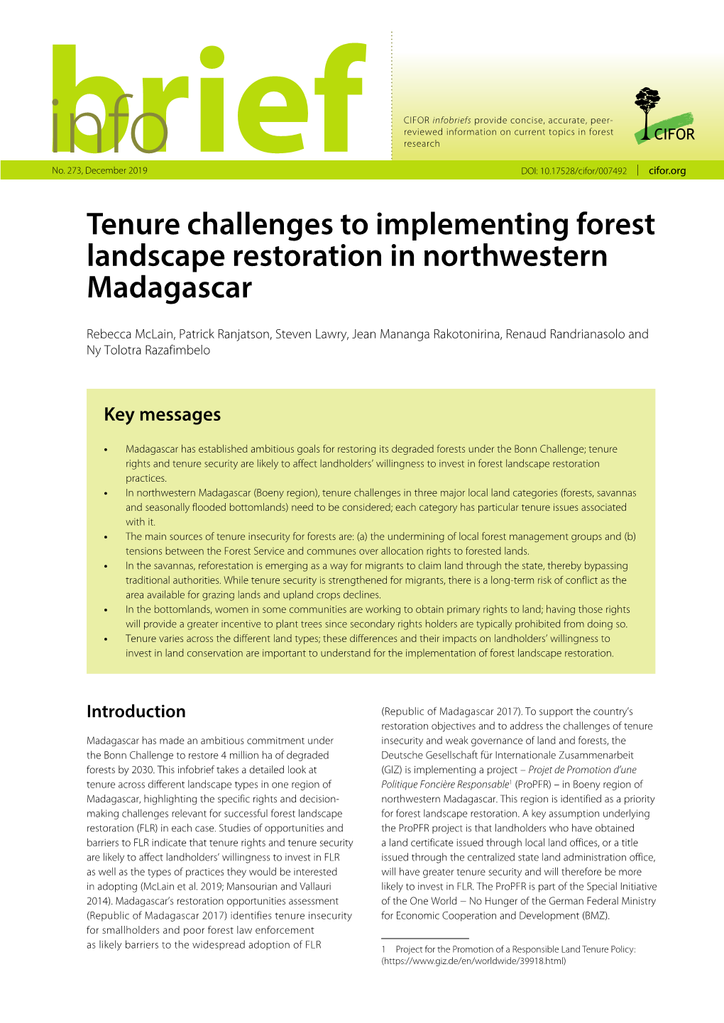 Tenure Challenges to Implementing Forest Landscape Restoration in Northwestern Madagascar