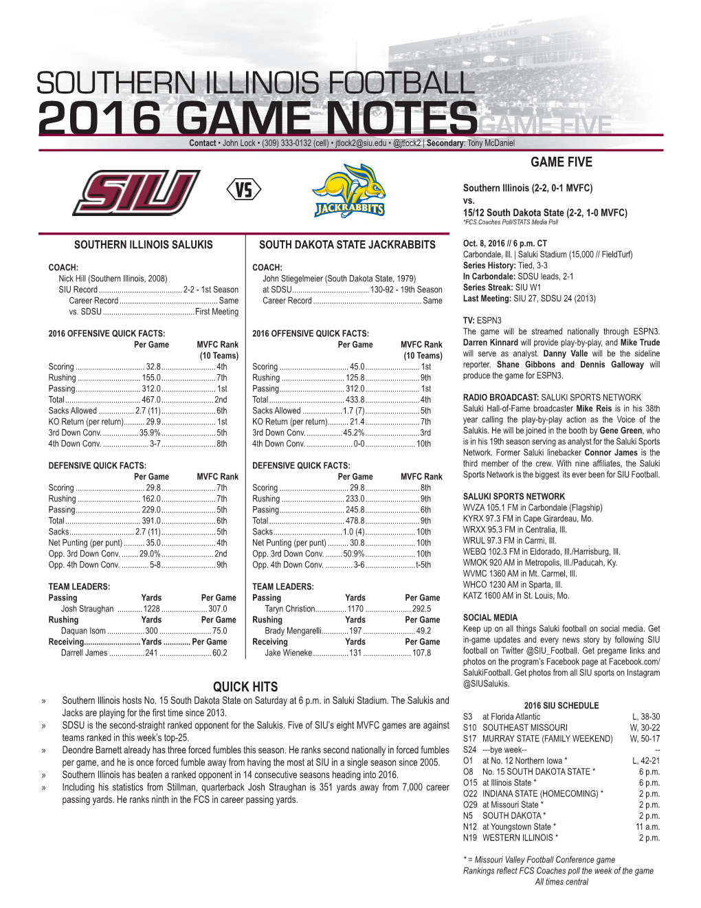 SOUTHERN ILLINOIS FOOTBALL 2016 GAME NOTESGAME FIVE Contact • John Lock • (309) 333-0132 (Cell) • Jtlock2@Siu.Edu • @Jtlock2 | Secondary: Tony Mcdaniel GAME FIVE