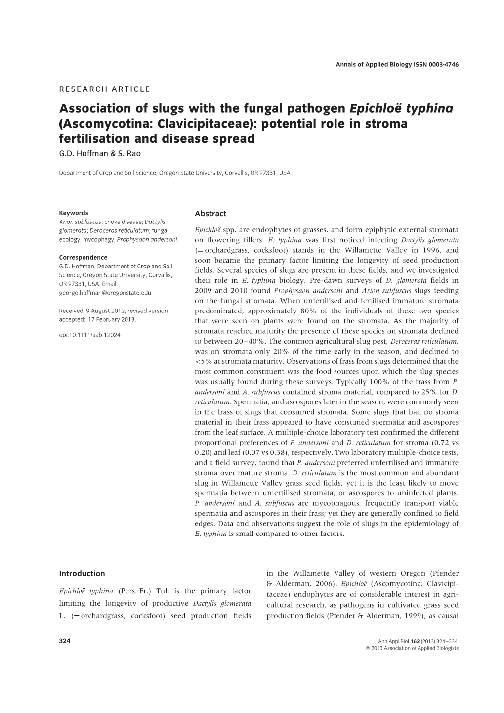 Association of Slugs with the Fungal Pathogen Epichlo ¨E Typhina