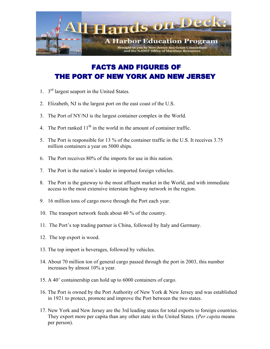 Facts and Figures of the Port of New York and New Jersey