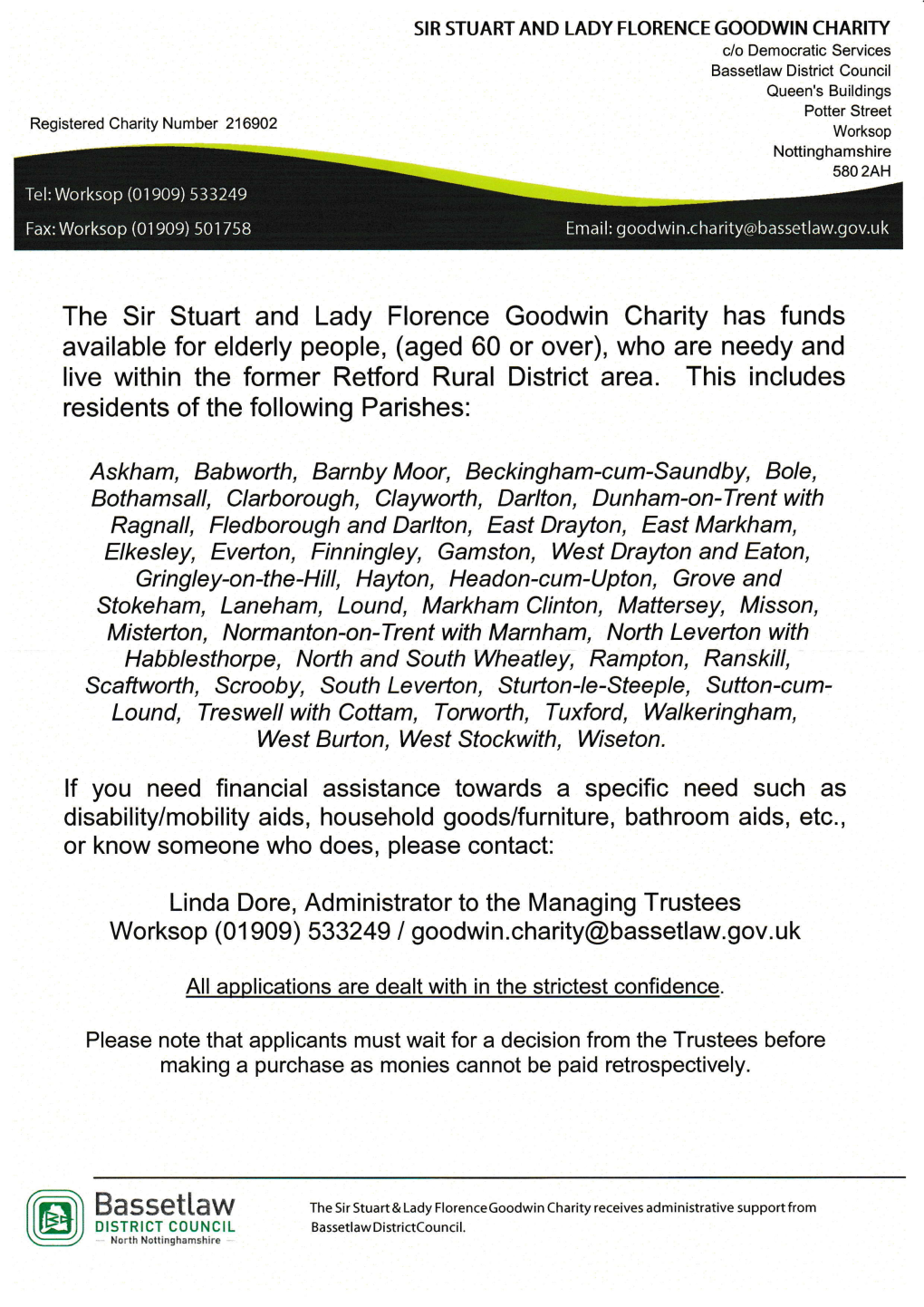 Bassetlaw District Council Queen's Buildings Potter Street Registered Charity Number 216902 Worksop Nottinghamshire 580 2AH