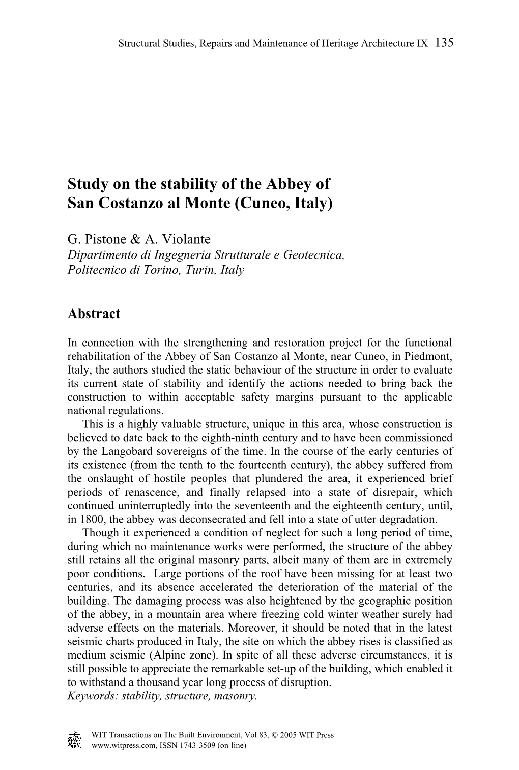 Study on the Stability of the Abbey of San Costanzo Al Monte (Cuneo, Italy)