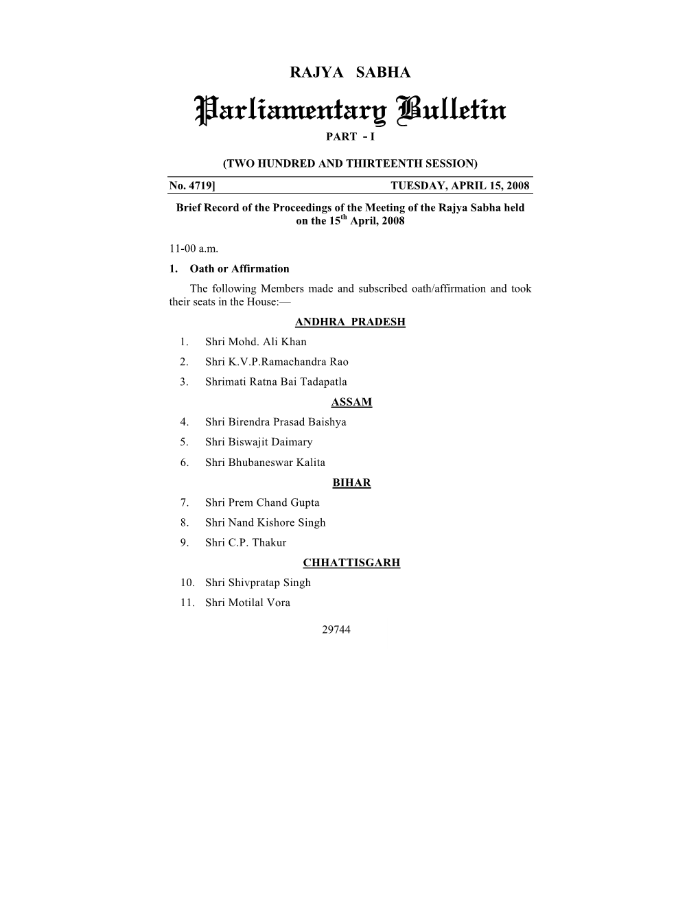 Parliamentary Bulletin PART - I