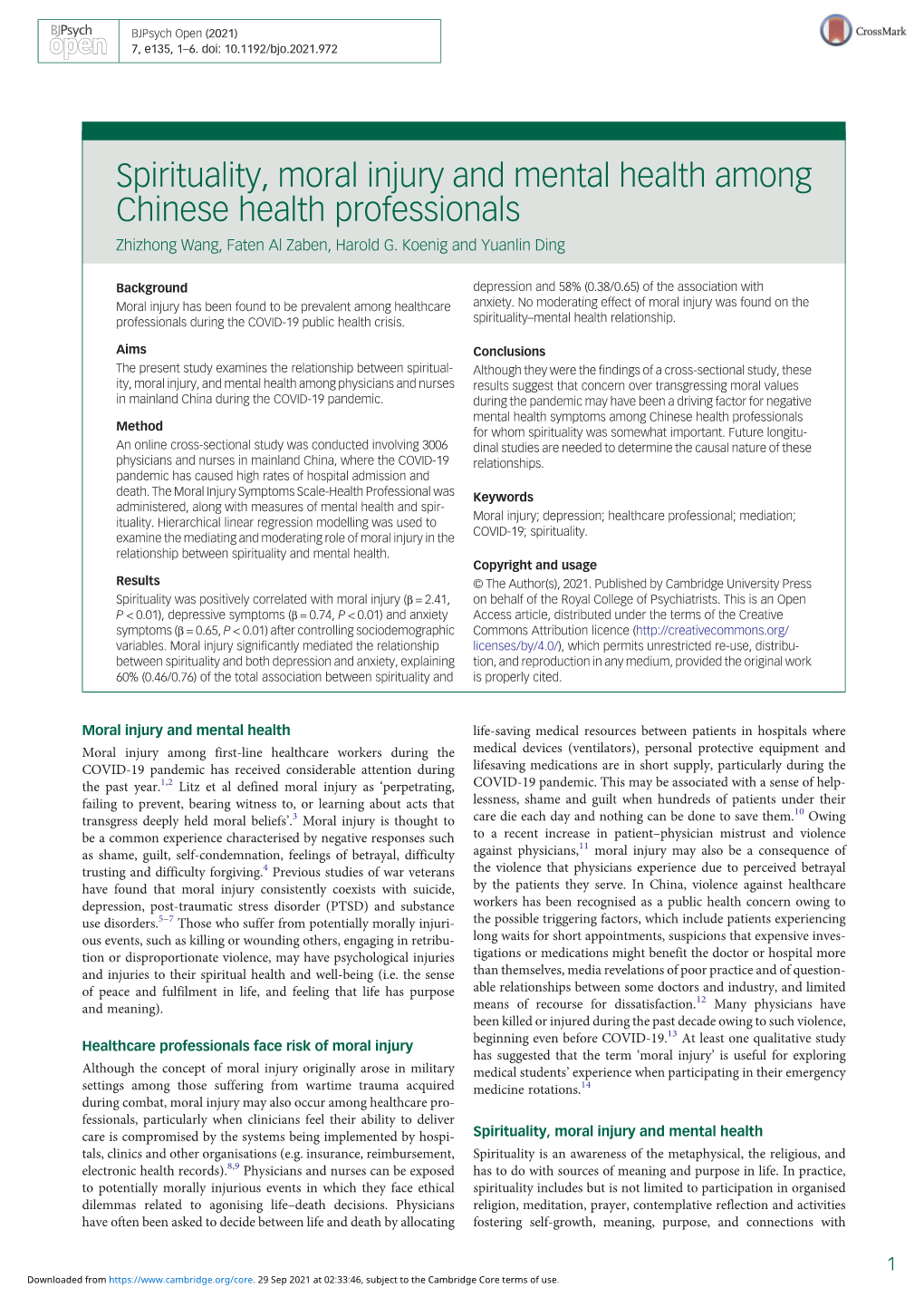 Spirituality, Moral Injury and Mental Health Among Chinese Health Professionals Zhizhong Wang, Faten Al Zaben, Harold G