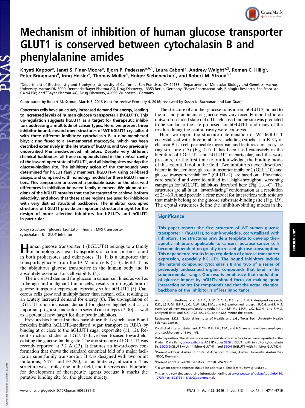 Mechanism of Inhibition of Human Glucose Transporter GLUT1 Is Conserved Between Cytochalasin B and Phenylalanine Amides