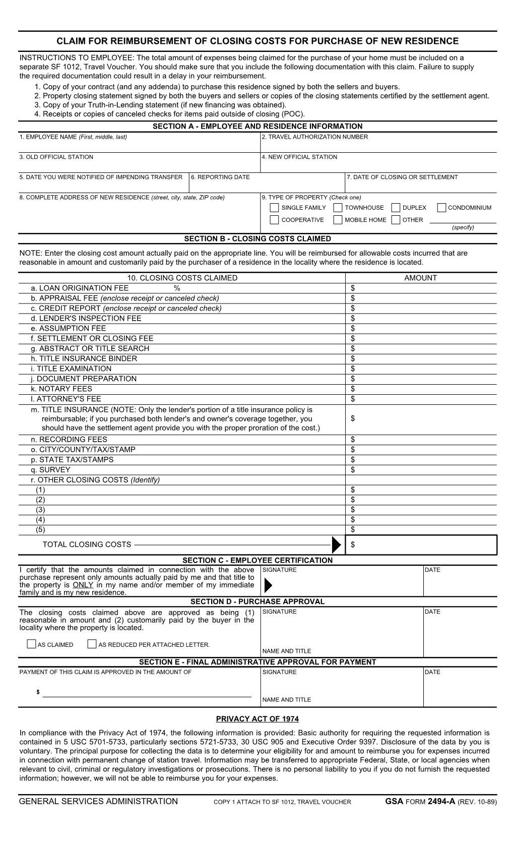 Claim for Reimbursement of Closing Costs for Purchase of New Residence