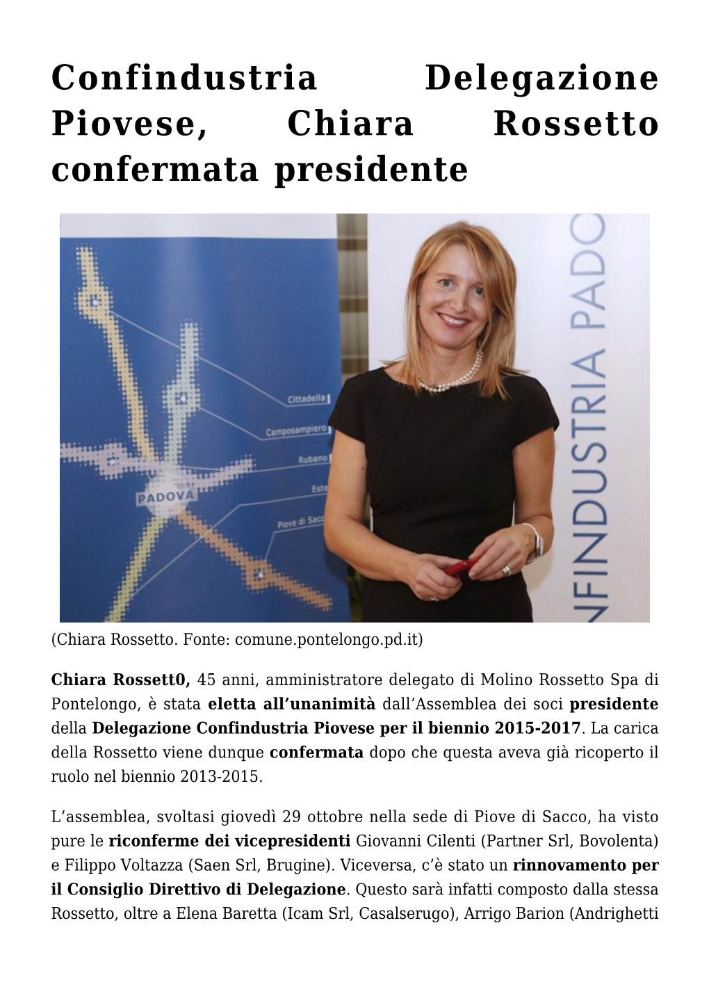 Confindustria Delegazione Piovese, Chiara Rossetto Confermata Presidente