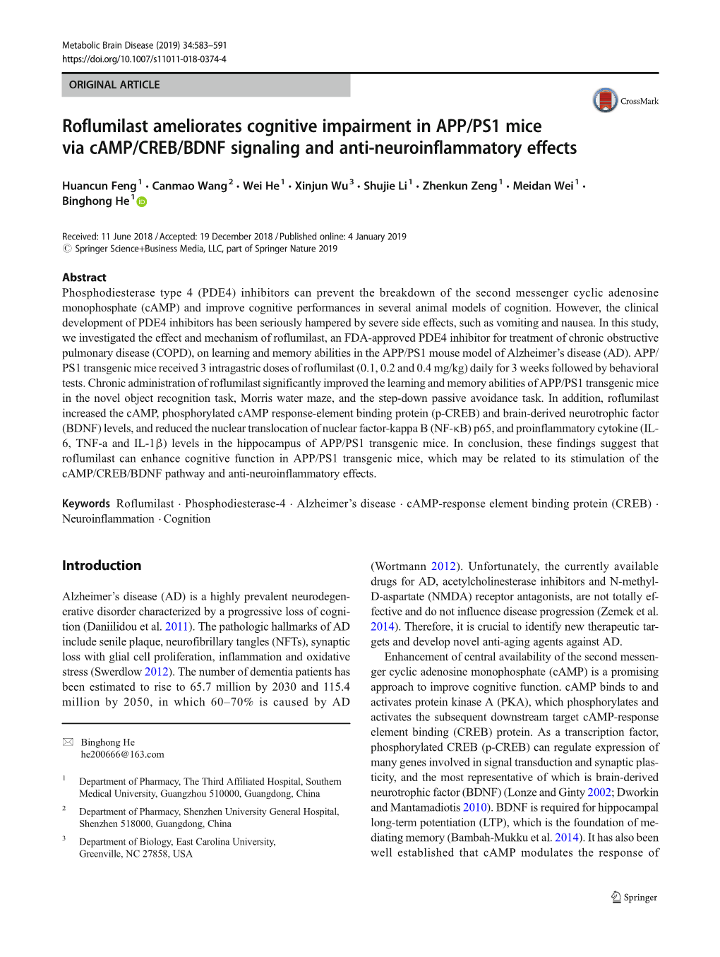 Roflumilast Ameliorates Cognitive Impairment in APP/PS1 Mice Via Camp/CREB/BDNF Signaling and Anti-Neuroinflammatory Effects