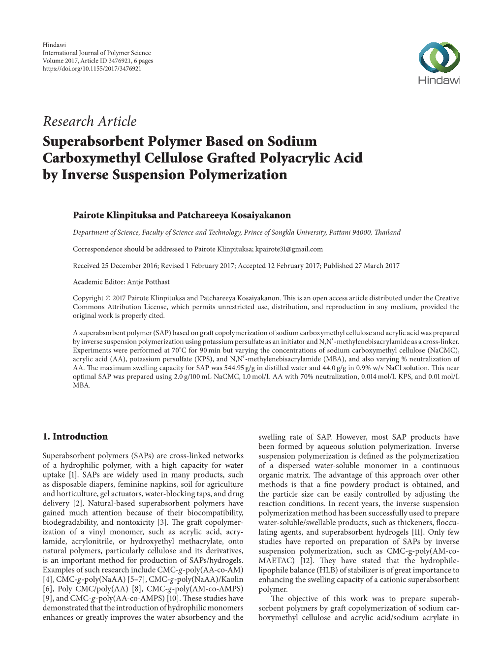 Superabsorbent Polymer Based on Sodium Carboxymethyl Cellulose Grafted Polyacrylic Acid by Inverse Suspension Polymerization