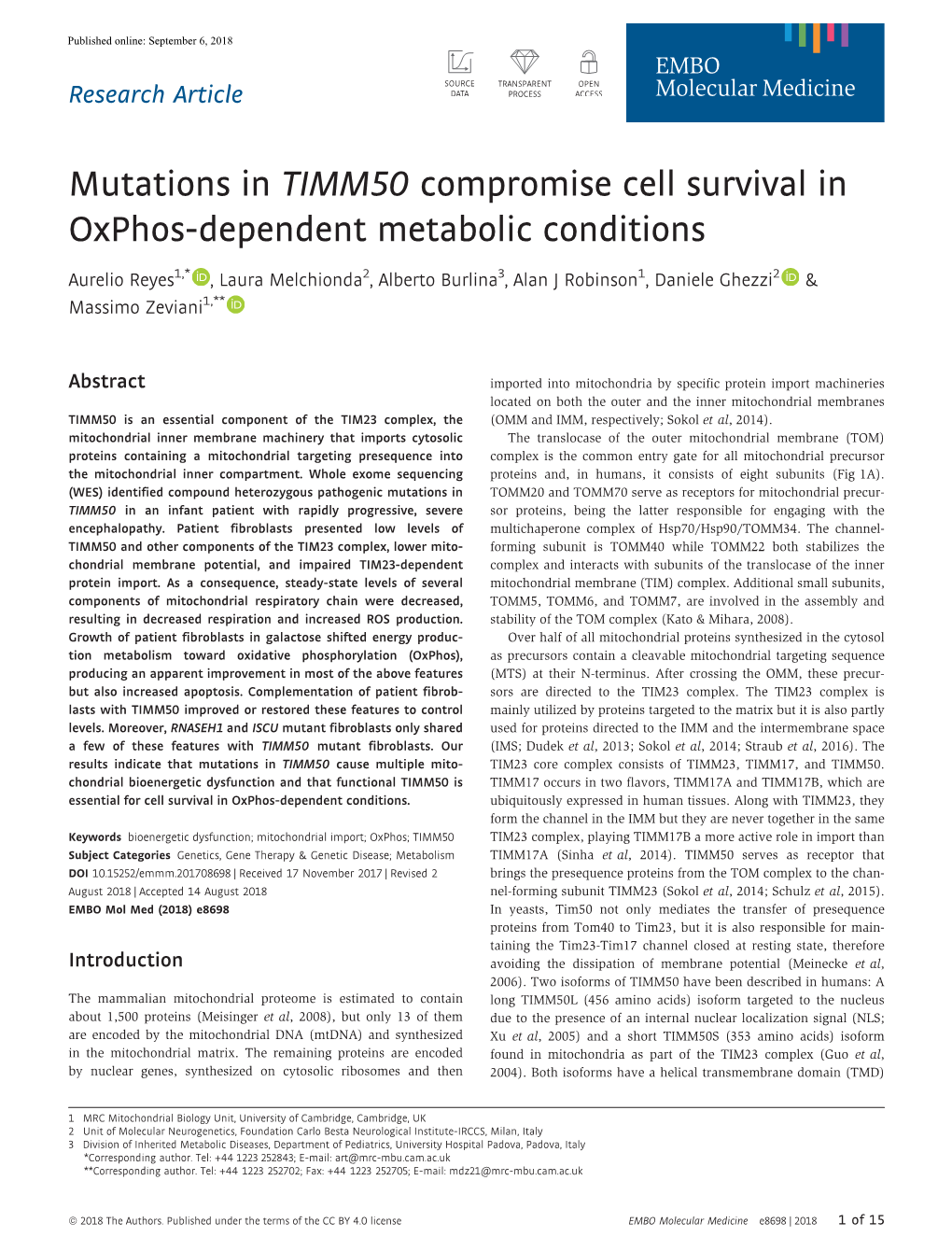 Mutations in TIMM50 Compromise Cell Survival in Oxphos‐Dependent