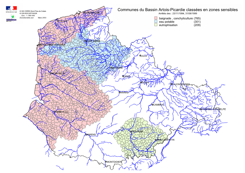 Communes Du Bassin Artois-Picardie Classées En Zones Sensibles © SIG DIREN Nord Pas-De-Calais Urne E F Dunkerquel