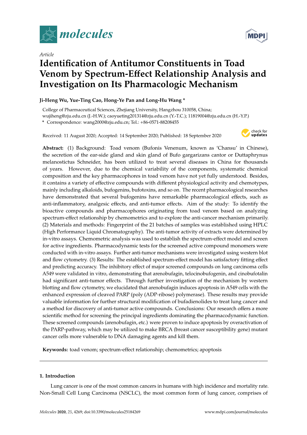 Identification of Antitumor Constituents in Toad Venom by Spectrum-Effect Relationship Analysis and Investigation on Its Pharmac