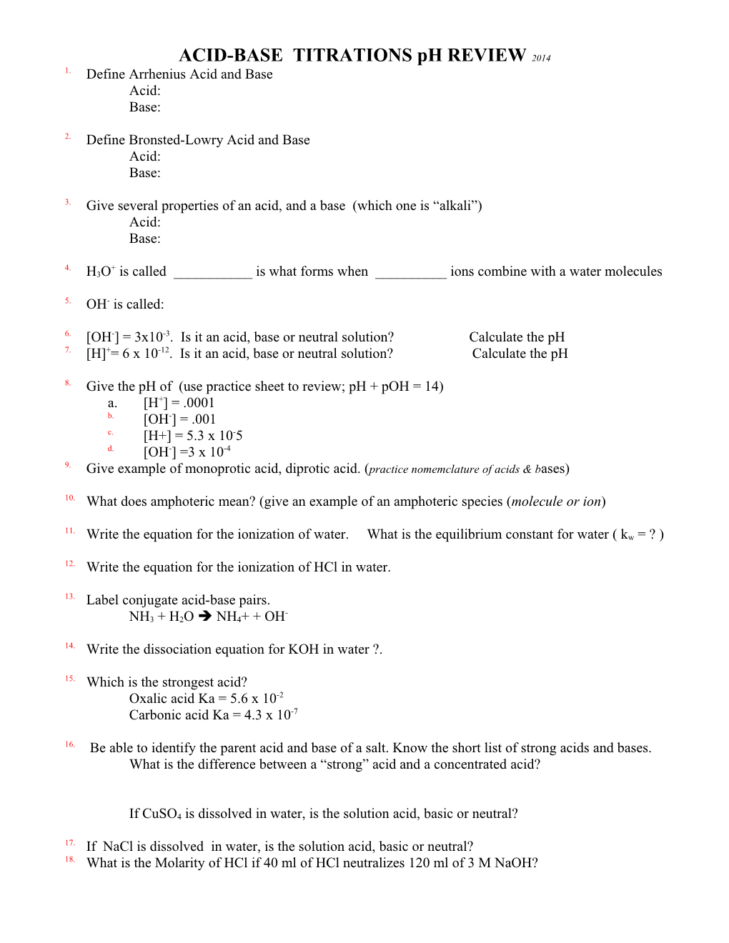 Acid-Base Review