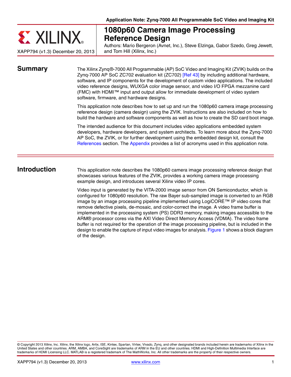 Xilinx XAPP794 1080P60 Camera Image Processing Reference