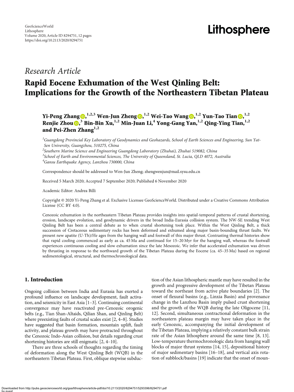 Research Article Rapid Eocene Exhumation of the West Qinling Belt: Implications for the Growth of the Northeastern Tibetan Plateau