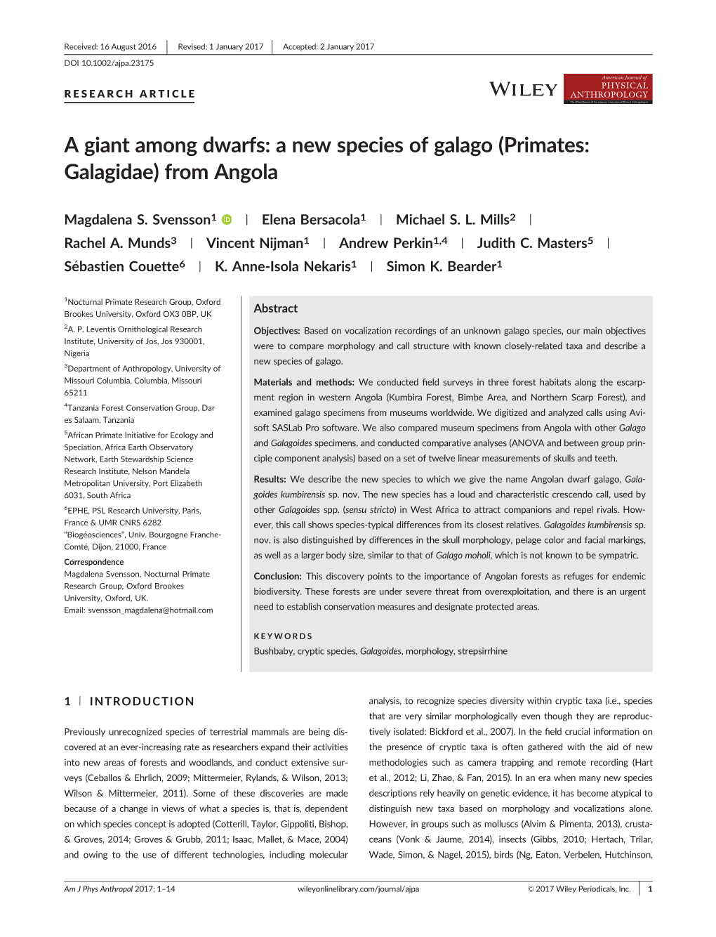 A New Species of Galago (Primates: Galagidae) from Angola