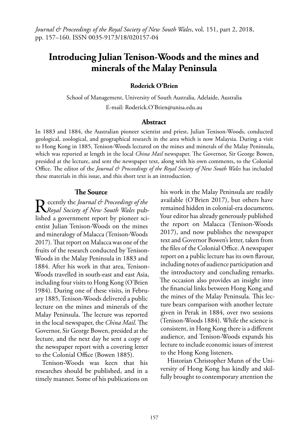 Introducing Julian Tenison-Woods and the Mines and Minerals of the Malay Peninsula