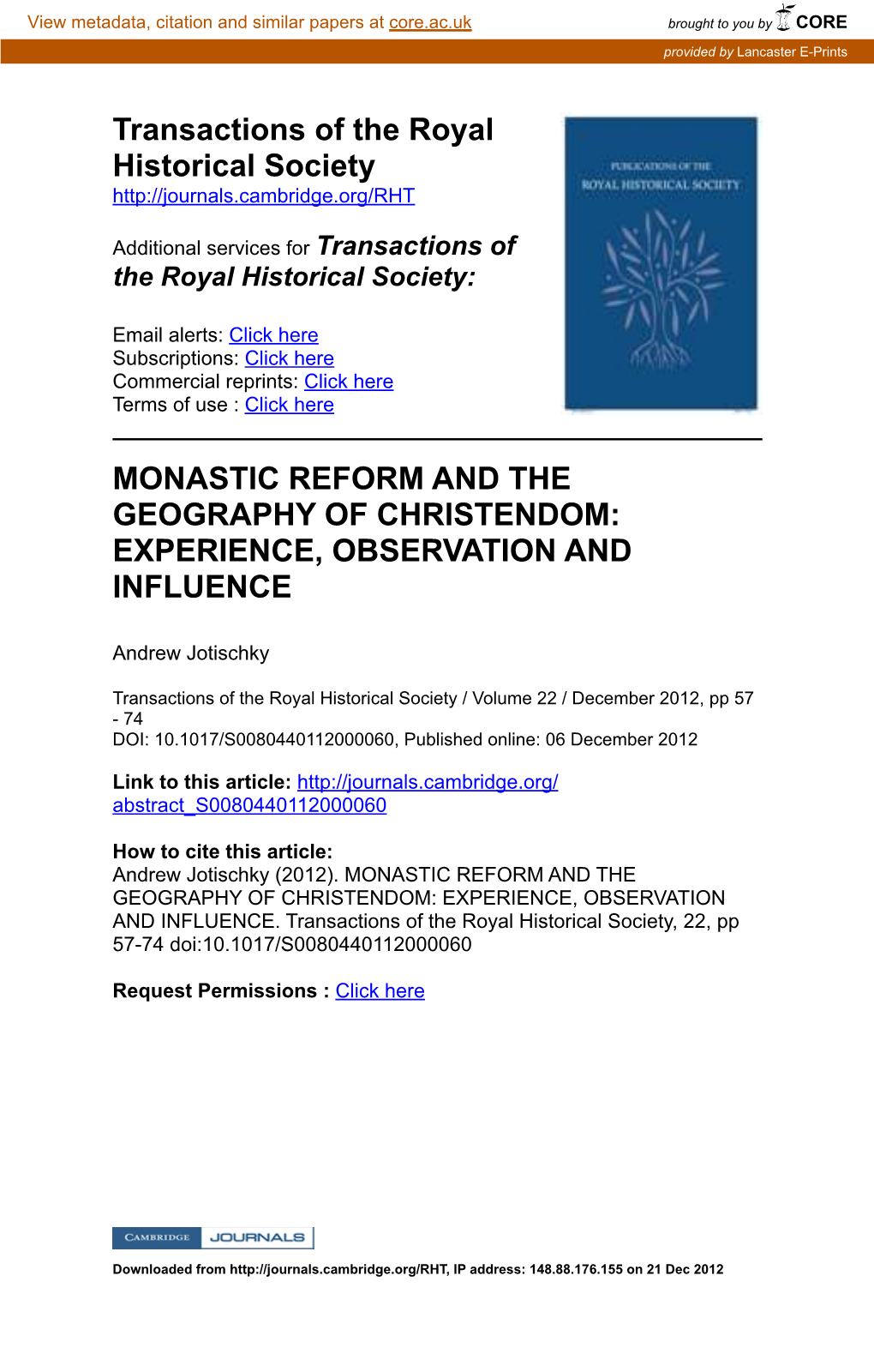 Transactions of the Royal Historical Society MONASTIC