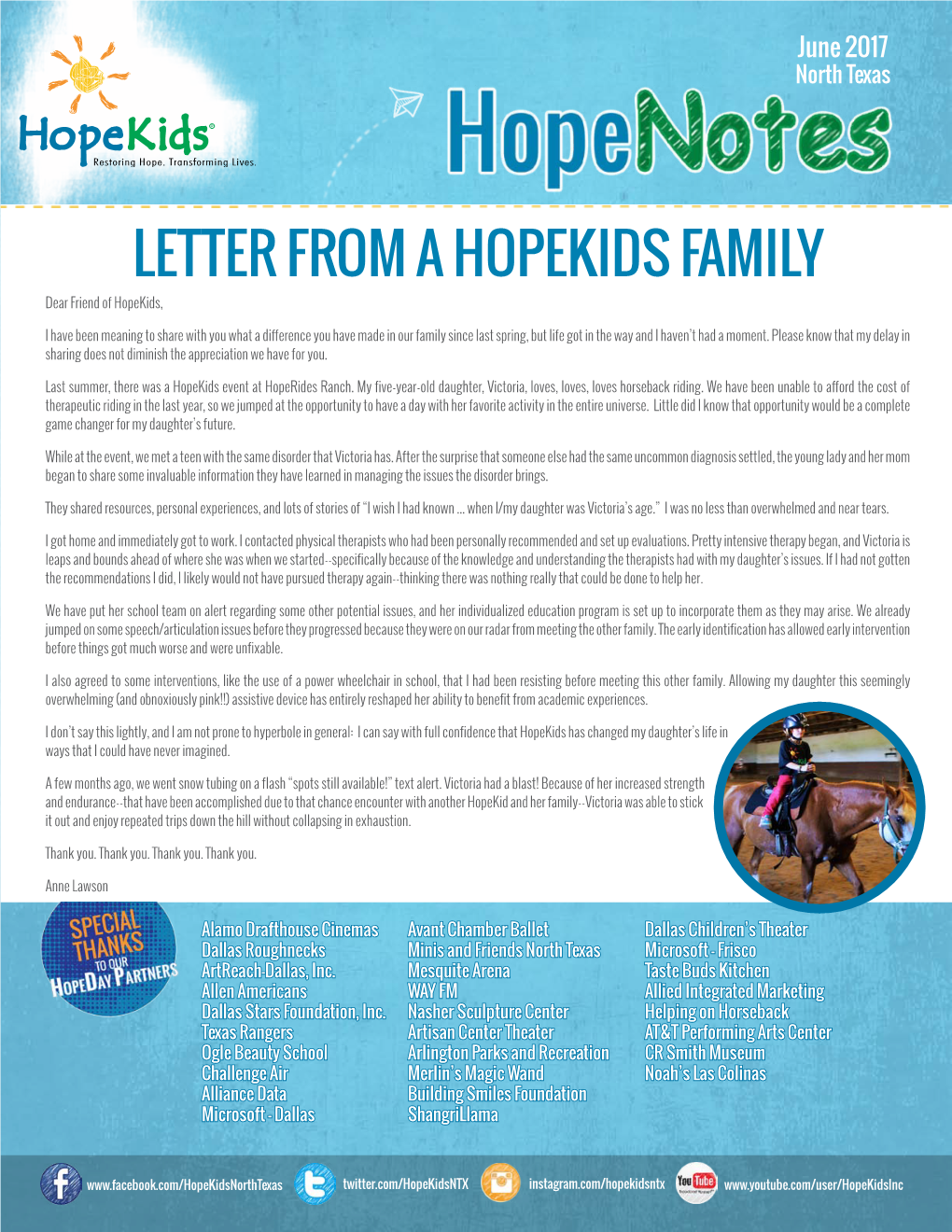Letter from a Hopekids Family Dear Friend of Hopekids