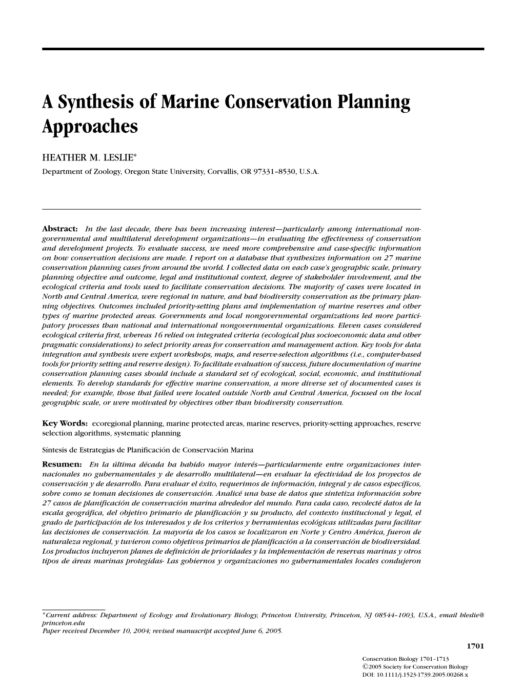 A Synthesis of Marine Conservation Planning Approaches