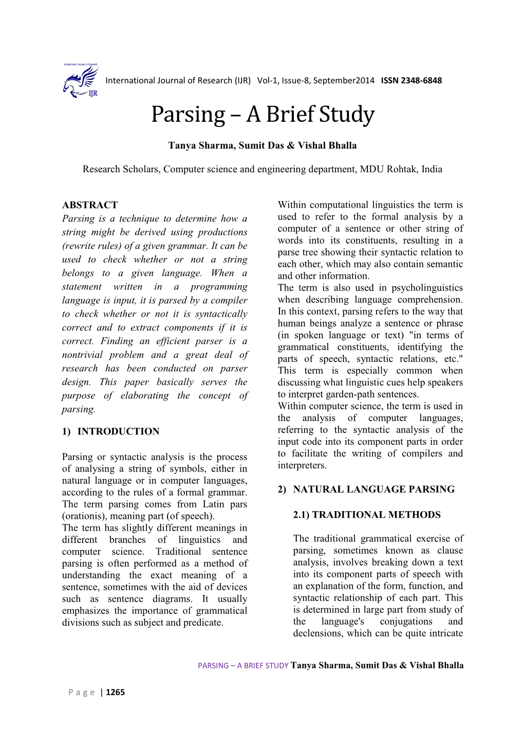 PARSING-Brief Study-Tanya Sharma, Sumit Das & Vishal Bhalla