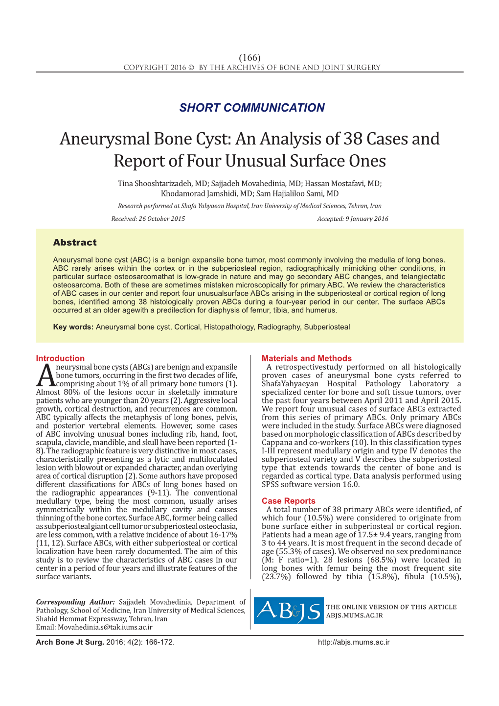 Aneurysmal Bone Cyst: an Analysis of 38 Cases and Report of Four