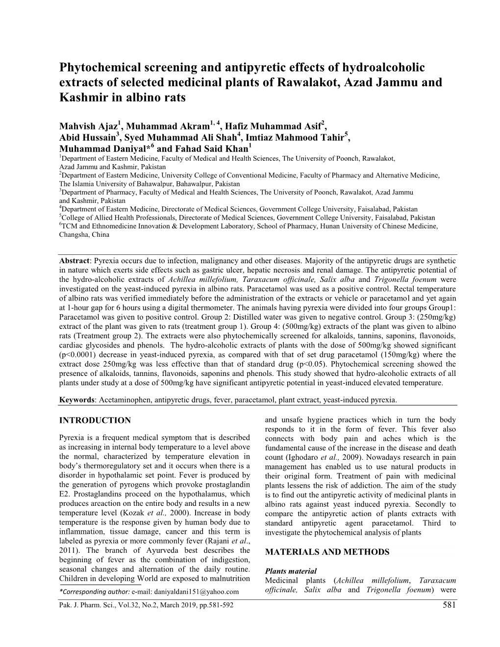 Phytochemical Screening and Antipyretic Effects of Hydroalcoholic Extracts of Selected Medicinal Plants of Rawalakot, Azad Jammu and Kashmir in Albino Rats