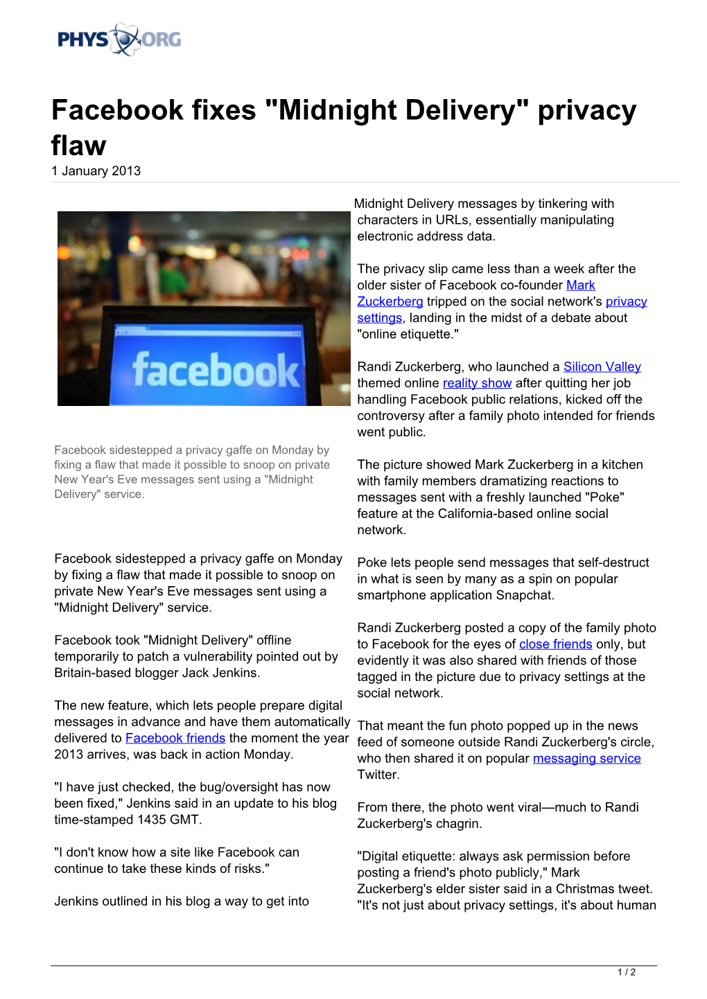 Facebook Fixes "Midnight Delivery" Privacy Flaw 1 January 2013