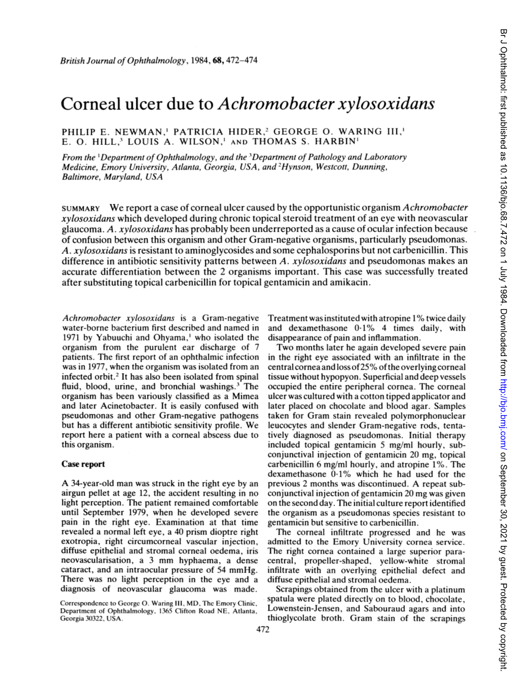 Corneal Ulcer Due to Achromobacterxylosoxidans