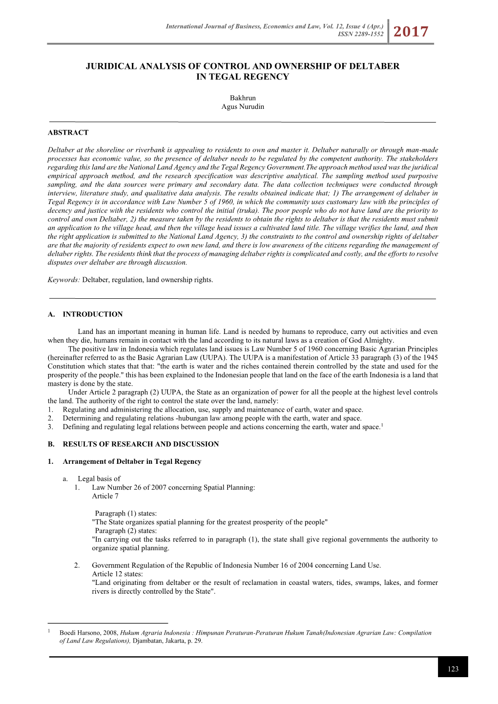 Juridical Analysis of Control and Ownership of Deltaber in Tegal Regency